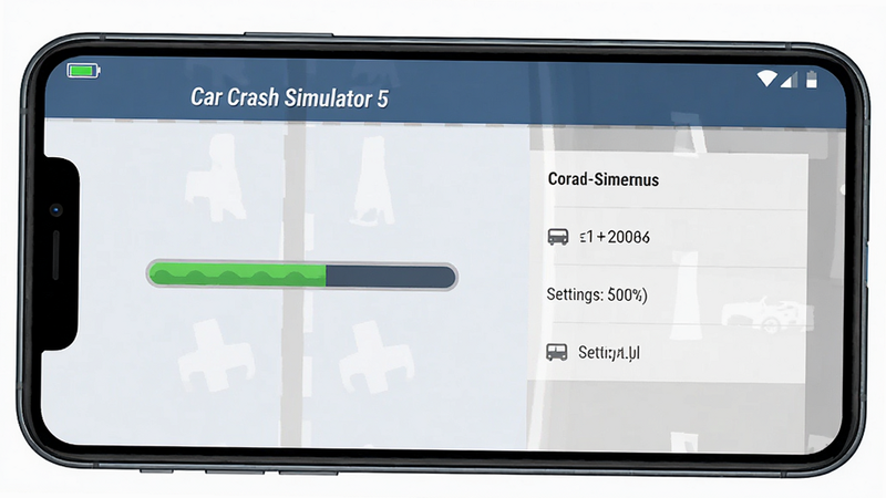 ����ΪCar Crash Simulator 5�ֻ����н��棬���ֲ��������ֻ��߿��������Ļ����ʾ��Ϸ���ؽ����������ò˵����Ű�����ֱ�ۣ�����ƽ��UI��ƣ�ϸ��չʾ���ͼ����źű�־�������������ɾ��޹�棬���ֱ�ע