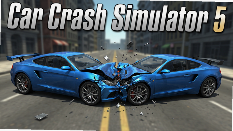 ����ΪCar Crash Simulator 5��Ϸ�����棬���ֲ������Ĺ�ͼ��չʾһ�����ڷ���������ײ����ɫ�ܳ�������Ϊģ���ĳ��нֵ����Ű��࣬���дʵ3D��Ⱦ��ϸ�ڷḻ��չ�ֳ�������Ť������Ƭ�ɽ�Ч�������ʸ��壬�ɾ��޶���Ԫ�أ����ֱ�ע