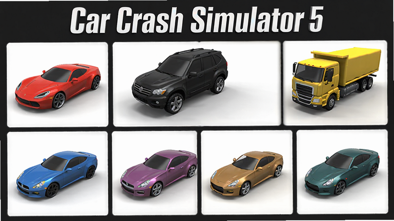 ����ΪCar Crash Simulator 5����ѡ��˵������ֲ�������״���У�չʾ��ͬ��ɫ�����͵�3D����ģ�ͣ�������ɫ�ܳ�����ɫSUV�ͻ�ɫ�������Ű��������򣬷���ִ���Լ3D��ϸ��չʾ�����������Ӱ�������������ɾ����������ֱ�ע