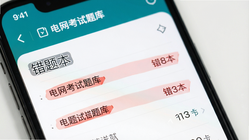 主体为手机特写,布局聚焦屏幕,排版突出错题列表,风格为极简主义,细节展示“错题本”标签及红色标记的错题条目,软件名称“电网考试题库”可见,画质清晰,干净,无多余元素