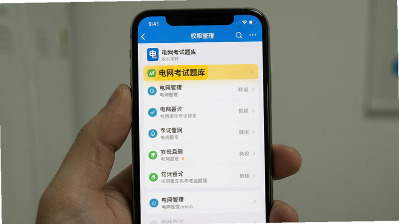 主体为手机设置界面截图,布局垂直排列,排版清晰,风格为系统原生UI,细节展示权限管理页面,软件名称“电网考试题库”高亮显示,画质清晰,干净,无多余元素