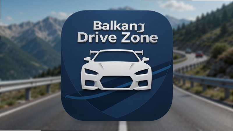 一张高清的3D渲染图,主体是Balkan Drive Zone安装器的应用图标,呈深蓝色盾牌形状,中间有白色赛车剪影,背景是模糊的巴尔干山脉公路场景,布局居中,排版简洁,风格现代科技感,细节丰富,画质超清,干净,无多余元素,文字