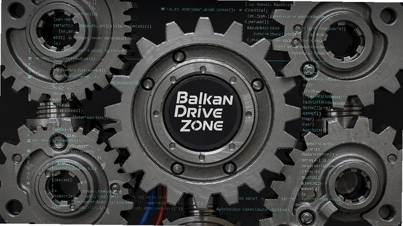一个齿轮正在自动咬合的机械结构图,齿轮中心有Balkan Drive Zone的标志,周围环绕着代码流,主体突出自动化修复的概念,布局紧凑,排版有序,风格工业机械风,细节精密,画质锐利,干净,无多余元素,文字