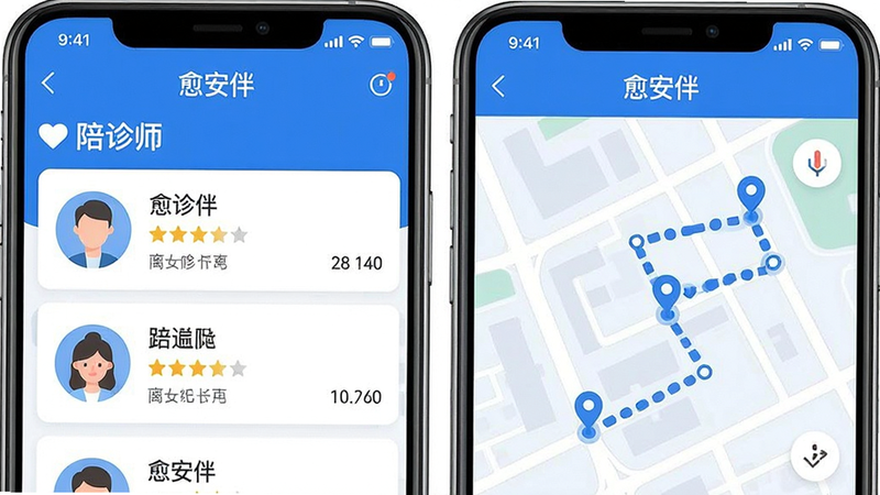 һ�ű�ƽ������Ӧ�ý���ʾ��ͼ�����Ϊ�������顱APP������ʦ�б�ҳ����ʾͷ�����ֺ;�����Ϣ���Ҳ�Ϊ�������顱APP��ʵʱ��ͼ׷��ҳ����ʾ��ɫ��λ���ƶ��켣�������࣬ɫ��������Ϊ����������������ͼƽ�⣬������Ⱦ������㡣
