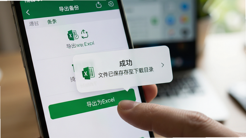 手机界面展示“导出备份”功能,手指点击“导出为Excel”按钮。界面弹出成功提示框,显示文件已保存至下载目录。背景模糊处理,突出前景操作。风格写实,光影自然,细节丰富,高清画质。