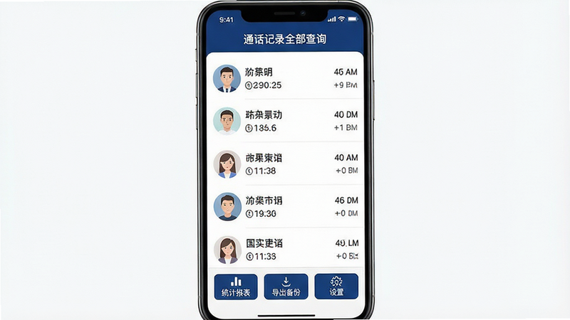 一张高清手机界面截图,主体为“通话记录全部查询”APP的主页,界面设计简洁现代,采用白色背景搭配深蓝色主色调。顶部显示应用名称,中间是清晰的通话记录列表,包含联系人头像、名称、时间及通话时长。底部有三个主要功能按钮:“统计报表”、“导出备份”、“设置”。整体风格扁平化,细节精致,画质清晰,无多余元素。