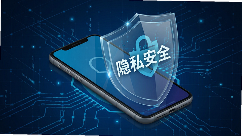 概念图,展示一部智能手机被一个透明的安全盾牌保护,盾牌上写着“隐私安全”字样。背景为深蓝色科技网格,象征数据安全与隐私保护。风格现代、简洁,色彩对比强烈,高清细节,无多余装饰。