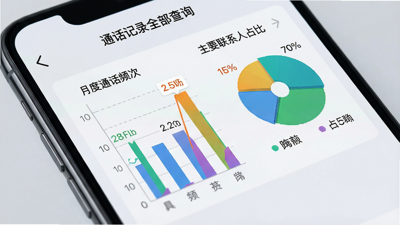 手机屏幕特写,显示“通话记录全部查询”的统计页面。界面包含柱状图和饼图,展示“月度通话频次”和“主要联系人占比”。图表颜色鲜明,数据标签清晰可见。背景为浅灰色,突出数据可视化效果。风格简约科技风,高清渲染,无杂乱背景。