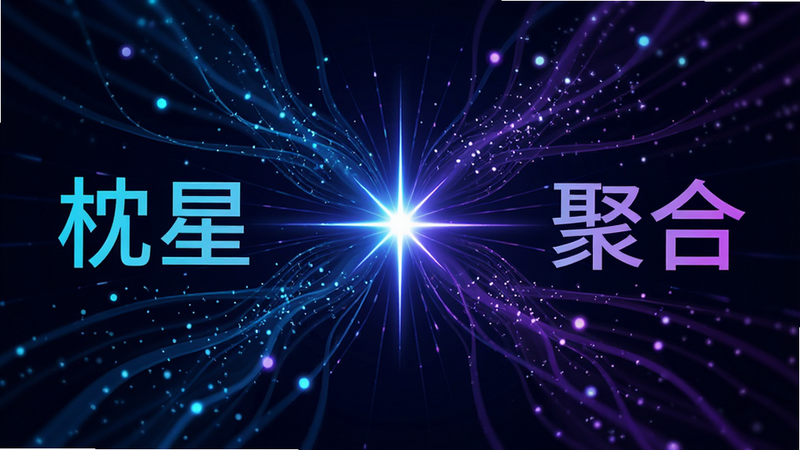 一个抽象的科技感概念图,展示数据流汇聚到一个中心点,中心点发出星光,主体为动态的数据线条,布局呈放射状,排版简洁,风格为赛博朋克与极简主义结合,细节处有发光粒子,画质高清,干净,无多余元素,文字包含