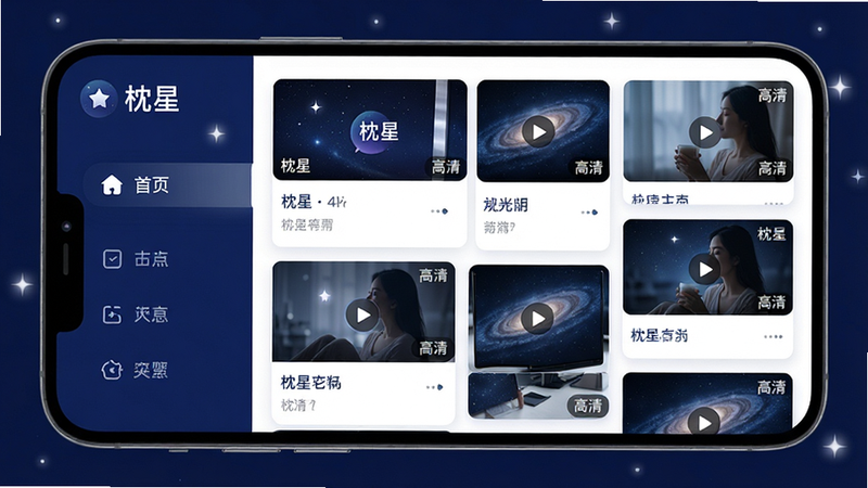 一张展示“枕星”APP主界面的高保真UI设计图,主体为手机屏幕,布局采用卡片式瀑布流,左侧为导航栏,右侧为视频封面网格,风格现代简约,细节处有柔和的星光点缀,画质4k,干净,无多余元素,文字包含