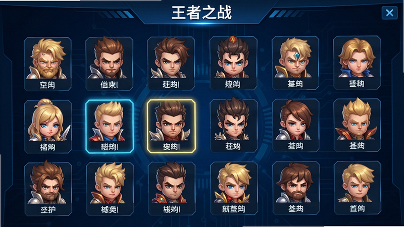 展示“王者之战”英雄选择界面,多个Q版英雄头像排列在网格中,每个头像下方有简短名称标签,选中状态的高亮显示,背景为深蓝色科技感纹理,界面简洁明了,高分辨率,UI元素清晰,无水印