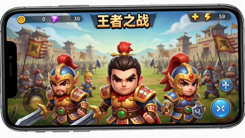 手机屏幕中央显示“王者之战”游戏主界面,背景为宏大的古代战场,前景为三名身穿铠甲的Q版英雄角色站立,UI界面清晰显示资源栏与对战按钮,整体风格为3D卡通渲染,色彩鲜艳,高清画质,无多余文字干扰,干净构图