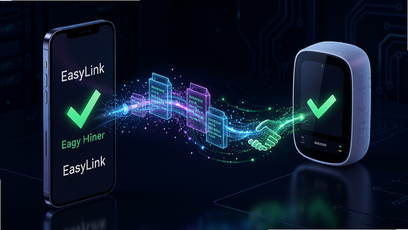 ����ΪEasyLink���Ӳ��Գ���������չʾ�ֻ���Ļ�������豸֮��������������ߣ��Ű�������ͣ����Ϊ������˿Ƽ��У�ϸ�ڰ������ݰ����������Ч�����豸���ֳɹ�����ɫ�Թ������ʸ��壬�ɾ����޶���Ԫ��