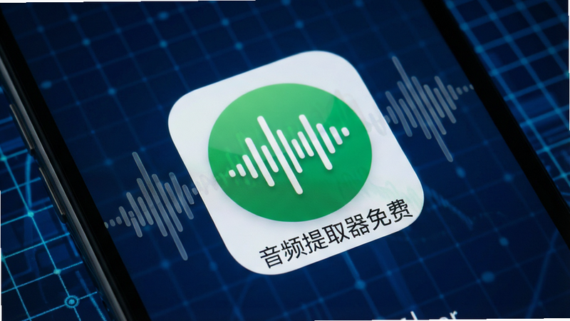一张高清的智能手机屏幕特写,背景为深蓝色科技风网格,手机屏幕中央显示着“音频提取器免费”的应用图标,图标设计为白色声波波形叠加在绿色圆形背景上,周围环绕着半透明的音频波形线条,画面干净,无多余元素,4k分辨率,极简主义风格,突出软件名称