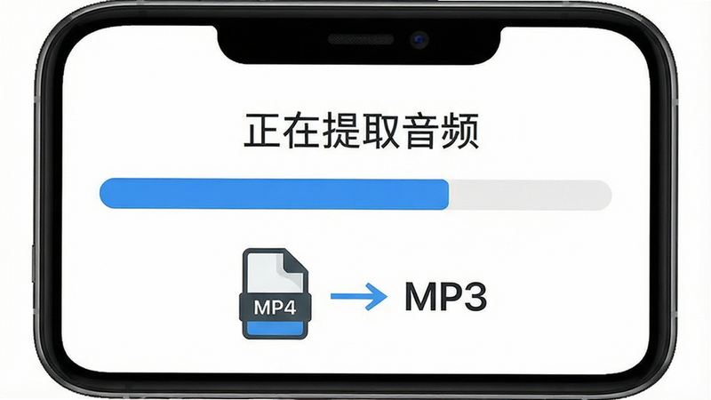 手机界面截图,显示一个正在运行的进度条,上方标注“正在提取音频”,下方显示文件类型图标为MP4转换为MP3的箭头,界面简洁,白色背景,蓝色进度条,文字清晰,扁平化设计风格,无水印