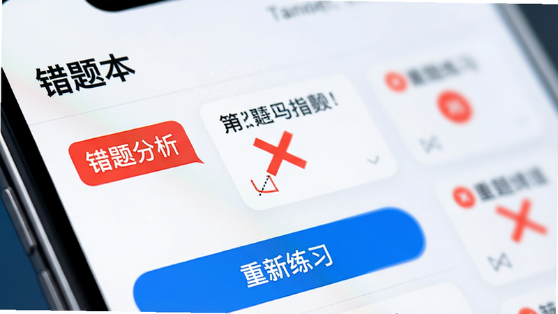 展示一个手机APP界面的局部放大图,焦点在“错题本”功能模块。界面中有一个红色的“错题分析”标签,旁边列出了几道带有红色叉号的题目卡片,下方有一个蓝色的“重新练习”按钮。背景虚化,突出前景的UI元素,色彩对比鲜明,体现科技感和专业性,高清细节,扁平化设计风格。