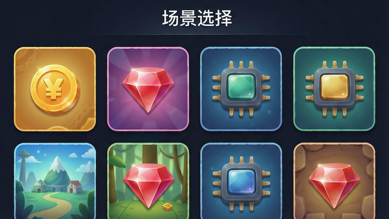 开心推应用内的场景选择菜单界面,主体为横向排列的场景缩略图,布局整齐,风格为UI设计展示,细节包含每个场景的代表性图标如金币、宝石、芯片,画质细腻,干净,无多余元素,文字“场景选择”位于顶部