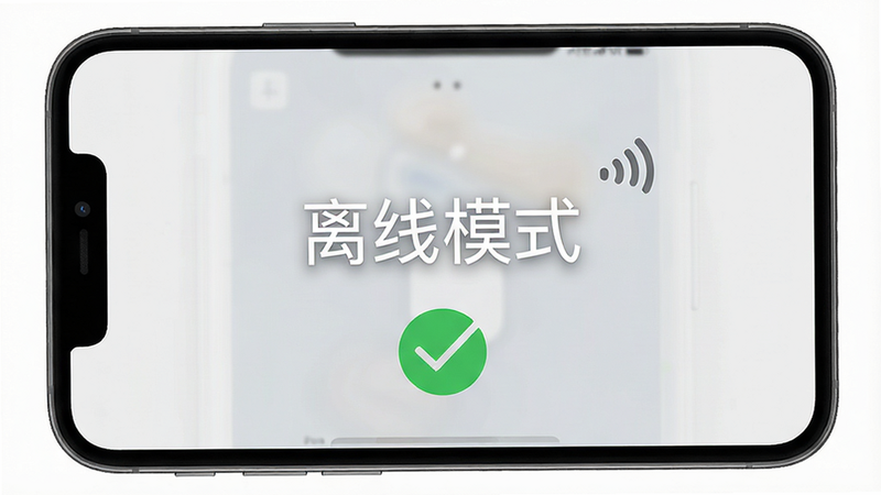 开心推离线模式界面,主体为手机屏幕显示“离线模式”字样,布局简洁,风格为简约UI设计,细节包含无信号图标与绿色对勾标志,画质清晰,干净,无多余元素