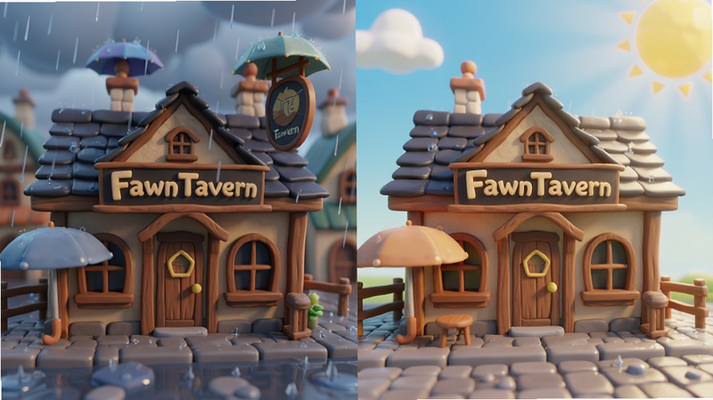 生成一张对比图,左侧是雨天场景,右侧是晴天场景,主体均为 FawnTavern 酒馆外观。布局左右对称,排版简洁,风格写实渲染,细节展示雨伞和阳光的光影效果,画质高清,干净