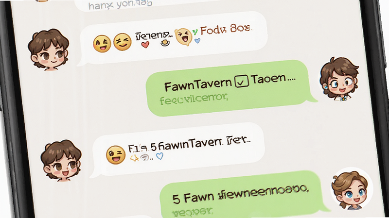 生成一张手机屏幕特写,显示 FawnTavern 的聊天界面,主体是几个卡通角色头像在对话气泡中交流。布局垂直排列,排版舒适,风格可爱卡通,细节展示表情包和文字气泡,画质清晰,干净