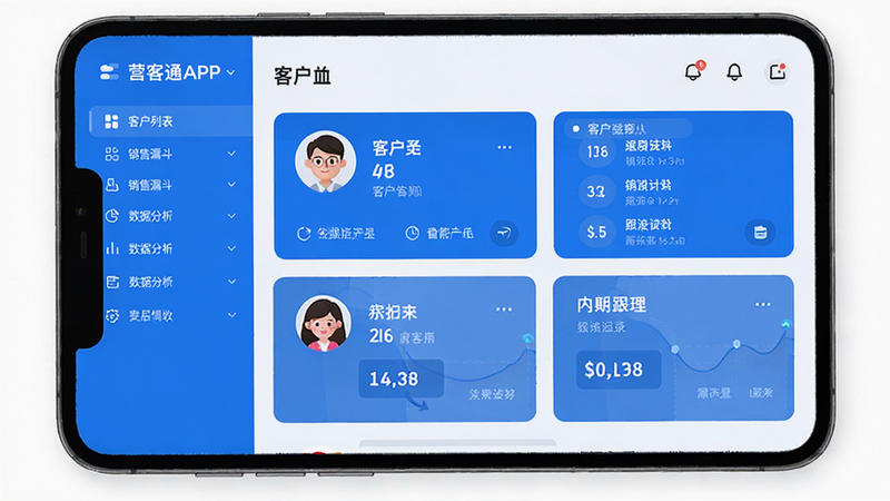 Ӫ��ͨAPP������չʾ���ִ���ƽ��UI��ƣ���ɫΪ��ɫ������ർ���������ͻ��б�������©�������ݷ�����ģ�飬�Ҳ���ʾ�ͻ���Ƭ�������¼������Ϊ�ɾ��İ�ɫ������дʵ����޶���Ԫ�أ���������