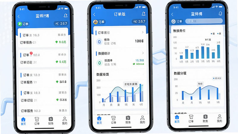 蓝师傅服务商版安卓版APP界面全景图,主体为手机屏幕显示蓝师傅服务商版主界面,布局清晰,顶部显示版本号2.0.7,中间展示订单列表与数据统计图表,底部导航栏包含首页、订单、财务、我的四个图标,风格现代简约,蓝色科技色调,细节丰富,画质高清,干净无多余元素