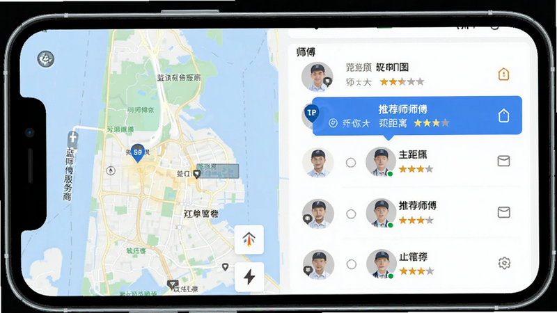 蓝师傅服务商版订单调度功能界面,手机屏幕显示地图界面与师傅列表,蓝色高亮显示推荐师傅,布局紧凑,排版有序,风格扁平化,细节显示距离与评分,画质清晰,干净无多余元素
