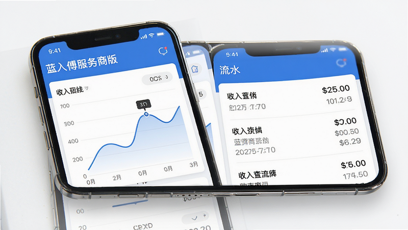 蓝师傅服务商版财务结算模块界面,手机屏幕显示收入曲线图与流水列表,蓝色主题,布局直观,排版整洁,风格商务简约,细节显示金额与日期,画质高清,干净无多余元素