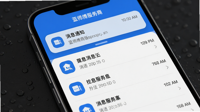 蓝师傅服务商版消息通知界面,手机屏幕显示通知栏与消息列表,蓝色图标,布局简洁,排版清晰,风格现代,细节显示消息类型与时间,画质高清,干净无多余元素