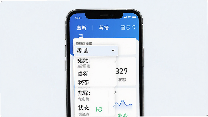 蓝师傅服务商版多门店管理界面,手机屏幕显示门店选择下拉菜单与数据概览,蓝色背景,布局层级分明,排版规范,风格专业,细节显示门店名称与状态,画质清晰,干净无多余元素