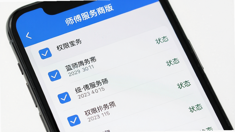 蓝师傅服务商版设置权限界面,手机屏幕显示权限管理列表,蓝色勾选框,布局整齐,排版清晰,风格极简,细节显示权限名称与状态,画质清晰,干净无多余元素