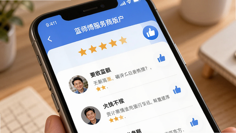 蓝师傅服务商版用户评价界面,手机屏幕显示五星评分与评论列表,蓝色点赞图标,布局温馨,排版舒适,风格亲切,细节显示用户头像与评价内容,画质清晰,干净无多余元素