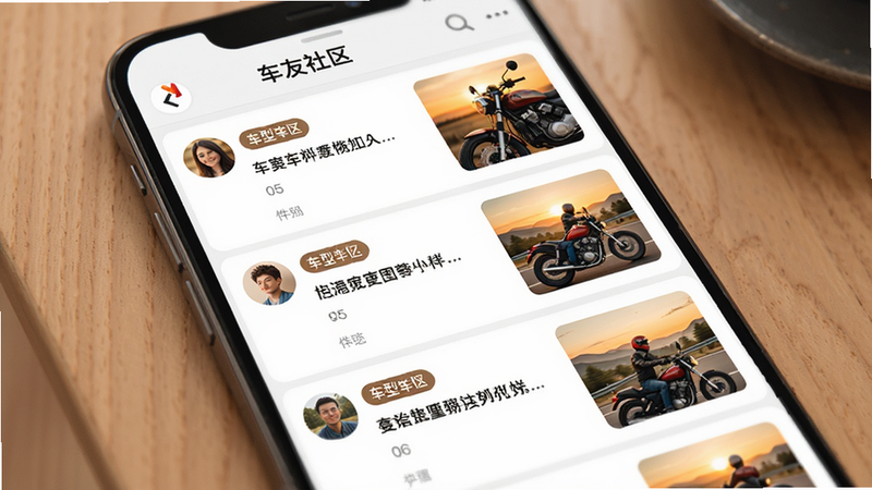 �ֻ�����չʾ��������������飬�б�ʽ���֣�ÿ�����Ӱ����û�ͷ�񡢳��ͱ�ǩ�����ӱ��⼰����ͼ��ͼƬ����ΪĦ�г�ϸ����д�����з羰��ɫ����ů�����������׶���UI����ִ���Լ��ͻ���罻���ԣ�������Ⱦ����ˮӡ