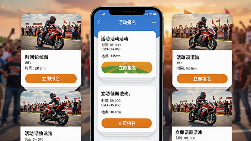 �ֻ�����չʾ���������ҳ�棬��Ƭʽ���֣�ÿ�ſ�Ƭ��������⡢ʱ�䡢�ص㼰��������������ť����ͼ��ΪĦ�г���ֳ���Ƭ��ɫ�����ޣ���Χ���ң�UI��ƻ��ã�����չʾ����·����������Ⱦ