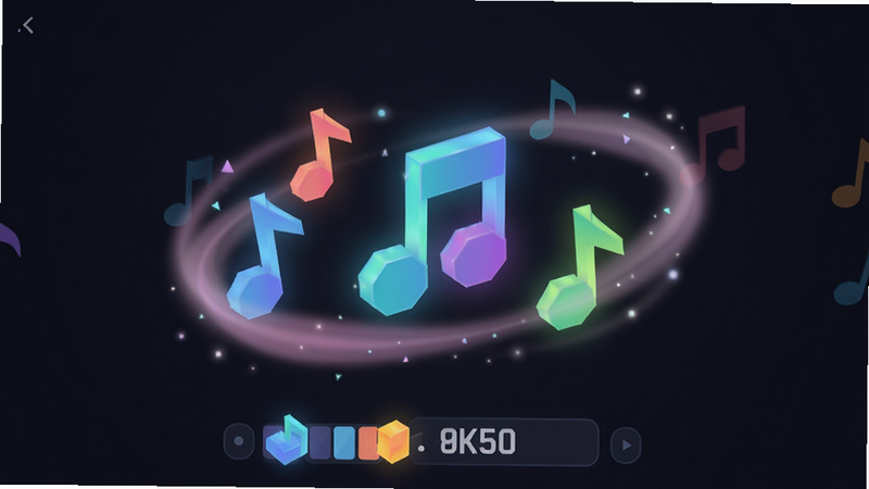 灵动节奏挑战游戏主界面全景图,深色背景,中央悬浮着发光的彩色几何音符块,周围环绕着柔和的光晕特效,底部显示连击数UI,现代扁平化设计风格,高清细节,无多余元素,干净,8k画质