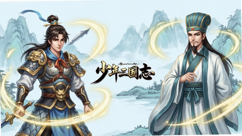 少年三国志游戏角色立绘展示图,背景为淡蓝色水墨山水,左侧站立赵云,右侧站立诸葛亮,两人周围环绕着淡金色的技能特效光环,中间有“少年三国志”小字标识,风格清新唯美,色彩明亮,构图平衡,高清无噪点