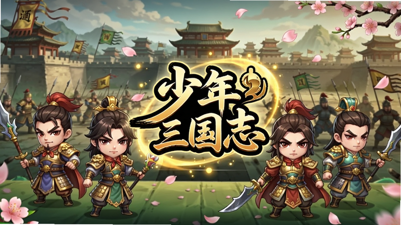 一张高清横版游戏宣传图,主体为少年三国志游戏主界面,背景是古色古香的三国城池与战场,前景展示五位Q版武将站立姿态,中间是“少年三国志”艺术字Logo,周围点缀金色光效与飘落的桃花瓣,整体色调金黄与翠绿交织,风格为国漫二次元结合写实背景,画质8K,细节丰富,无多余杂乱元素