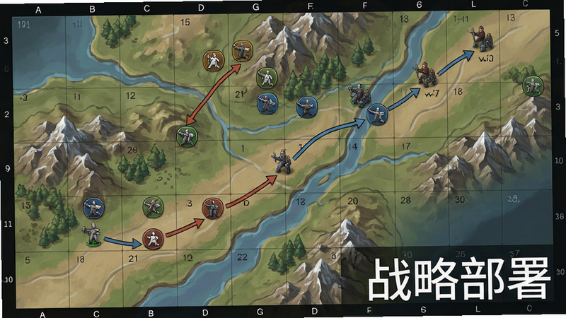 主体为游戏内沙盘地图界面特写,展示地形起伏、河流山脉及军队移动路径,布局为俯视视角,排版清晰展示网格坐标,风格为战术地图插画,细节标注出不同兵种图标与路径线,画质高清,干净无杂乱装饰,文字'战略部署'以白色简洁字体显示在右下角