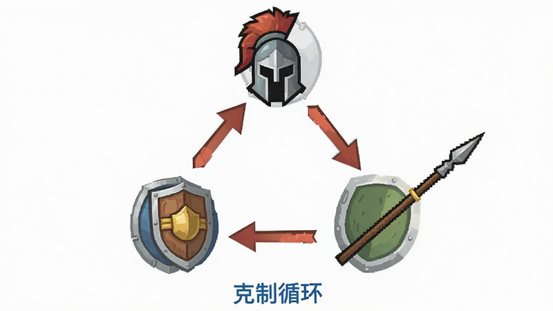 主体为兵种克制关系示意图,中心是三个主要兵种图标呈三角形排列,箭头指示克制方向,布局均衡对称,排版简洁明了,风格为扁平化游戏UI设计,细节展示兵种特征如头盔、盾牌、长矛,画质清晰,干净背景,文字'克制循环'以蓝色小字标注在下方