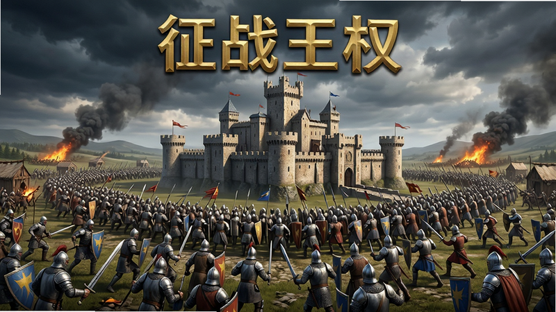 主体为一张宏大的3D策略战争游戏全景图,画面中央是一座宏伟的中世纪城堡,周围环绕着千军万马正在激烈交战,天空中乌云密布,远处有战火硝烟,布局采用中心对称式构图,排版紧凑且充满张力,风格为写实主义CG渲染,细节丰富展现士兵盔甲纹理与武器光泽,画质4K高清,干净无多余UI元素,文字'征战王权'以金色立体字位于画面顶部居中