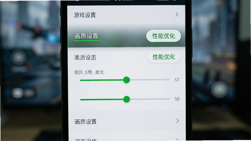 主体为手机屏幕界面截图,显示游戏设置菜单,高亮显示“画质设置”选项,背景模糊处理,布局为垂直列表,排版清晰,风格为简约科技风,细节展示滑块调节条,画质清晰,干净无水印,文字'性能优化'以绿色字体标注在按钮旁