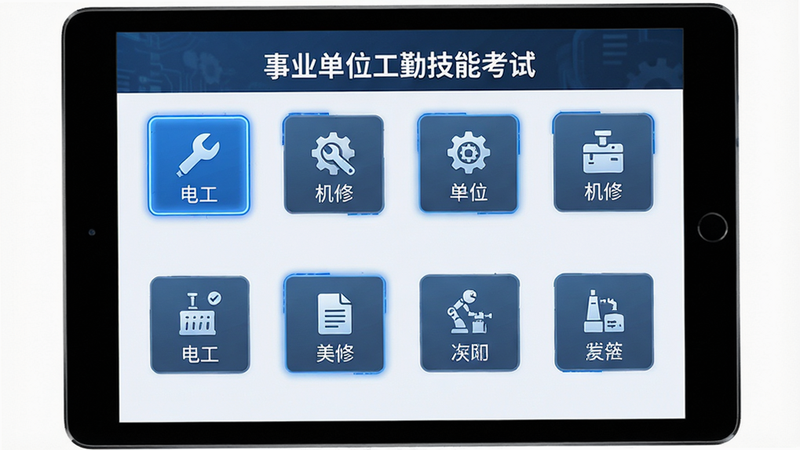 主体为平板电脑屏幕,显示“事业单位工勤技能考试”的工种选择界面,布局为网格状图标,每个图标代表一个工种如“电工”、“机修”,排版整齐对称,风格为商务科技风,细节包含蓝色选中状态高亮,画质超清,干净背景