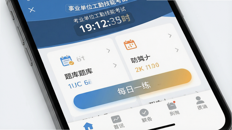 主体为智能手机屏幕特写,屏幕显示“事业单位工勤技能考试”App界面,布局清晰,顶部为考试倒计时,中部为题库分类列表,底部为导航栏,排版简洁现代,风格为扁平化UI设计,细节包含高亮显示的“每日一练”按钮,画质8k高清,干净无多余元素