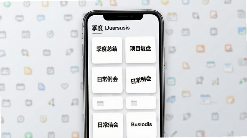 展示“会议记录”软件模板选择界面的UI设计图,画面中央是一个手机屏幕,屏幕上排列着多个网格状的卡片,每个卡片上写着“季度总结”、“项目复盘”、“日常例会”等字样,背景是浅灰色的渐变,卡片带有轻微的阴影效果以体现层次感,字体清晰醒目,整体风格简洁商务,无杂乱背景,高质量渲染