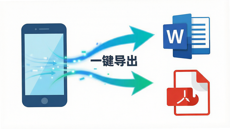 描绘文件转换过程的抽象概念图,左侧是一个手机图标,中间通过箭头连接,右侧分别展示Word和PDF的文件图标,箭头上方标注“一键导出”字样,背景为干净的白色,图标采用扁平化设计,色彩鲜明,线条流畅,体现数据流动的高效感,无其他干扰元素,高清矢量风格