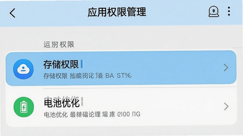 展示手机设置界面中“应用权限管理”部分的截图风格UI图,高亮显示“存储权限”和“电池优化”两个选项,背景为浅蓝色,图标清晰,文字说明简洁明了,整体风格模拟真实手机系统设置界面,无水印,高清细节