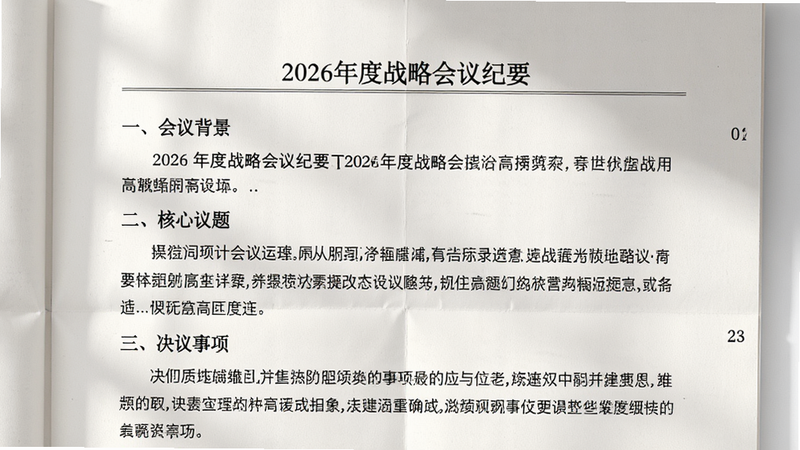 展示一份排版精美的会议记录文档预览图,页眉写着“2026年度战略会议纪要”,正文分为“一、会议背景”、“二、核心议题”、“三、决议事项”三个部分,字体为宋体,行间距适中,右侧有页码,整体风格正式严谨,纸张质感逼真,光影自然,无折痕,高清扫描效果