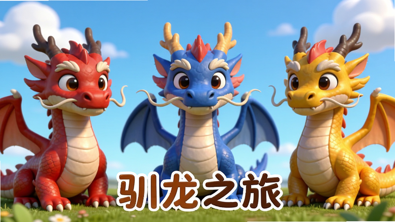 主体为三只不同颜色(红、蓝、金)的卡通风格巨龙并排站立在草地上,背景是明亮的蓝天和几朵白云,布局均衡对称,排版清晰,风格为可爱治愈系3D动画,细节展现龙须飘逸与眼神灵动,画质清晰,干净无杂物,文字