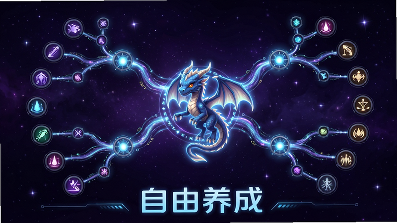 主体为一个复杂的养成树状图,中心是一只发光的幼龙,周围延伸出多个分支代表不同技能点,背景为深紫色星空,布局放射状,排版逻辑清晰,风格为科幻魔法结合,细节展现节点连接的流光效果,画质细腻,干净,文字