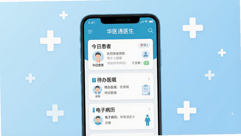 ����һ�Ÿ���ҽ�ƿƼ����廭������Ϊһ�������İ�׿�����ֻ�����Ļ��ʾ����ҽͨҽ����APP���棬������������ջ��ߡ���������ҽ�����������Ӳ������������Ŀ�Ƭ�����ּ���ִ�������Ϊǳ��ɫ���䣬��׺��ɫʮ��ҽ��ͼ�꣬����ƽ����ϸ������������8k���ɾ��޶���Ԫ��